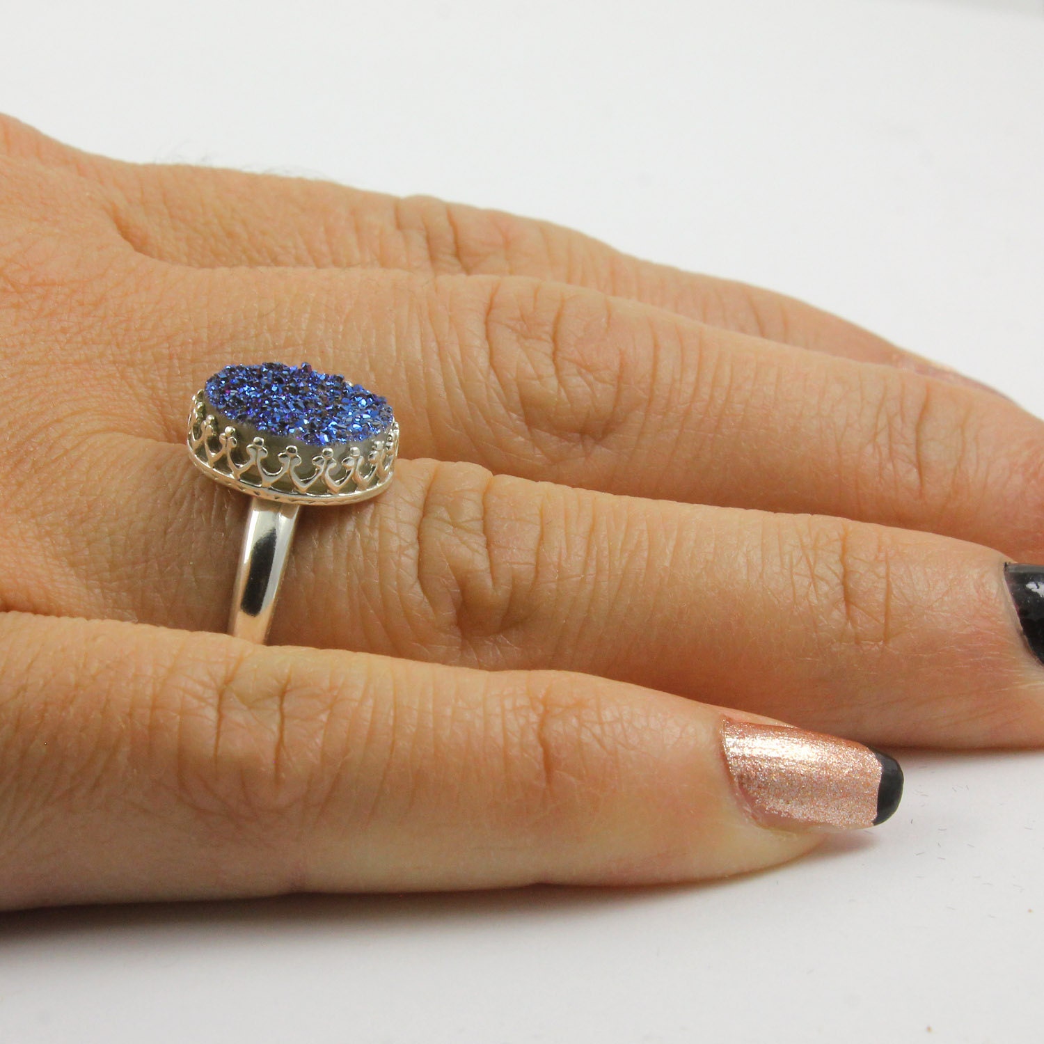 Rund Druzy Ring Sterling Silber - Saphir Blau Quarz Druzzy Stein Lünette Set Drusy von LiansElegance