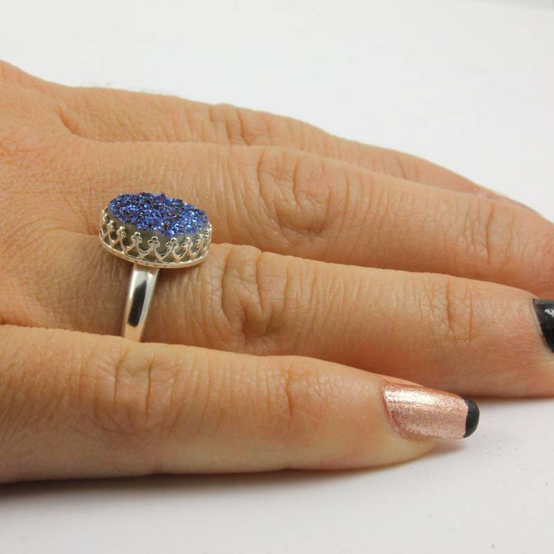 Rund Druzy Ring Sterling Silber - Saphir Blau Quarz Druzzy Stein Lünette Set Drusy von LiansElegance