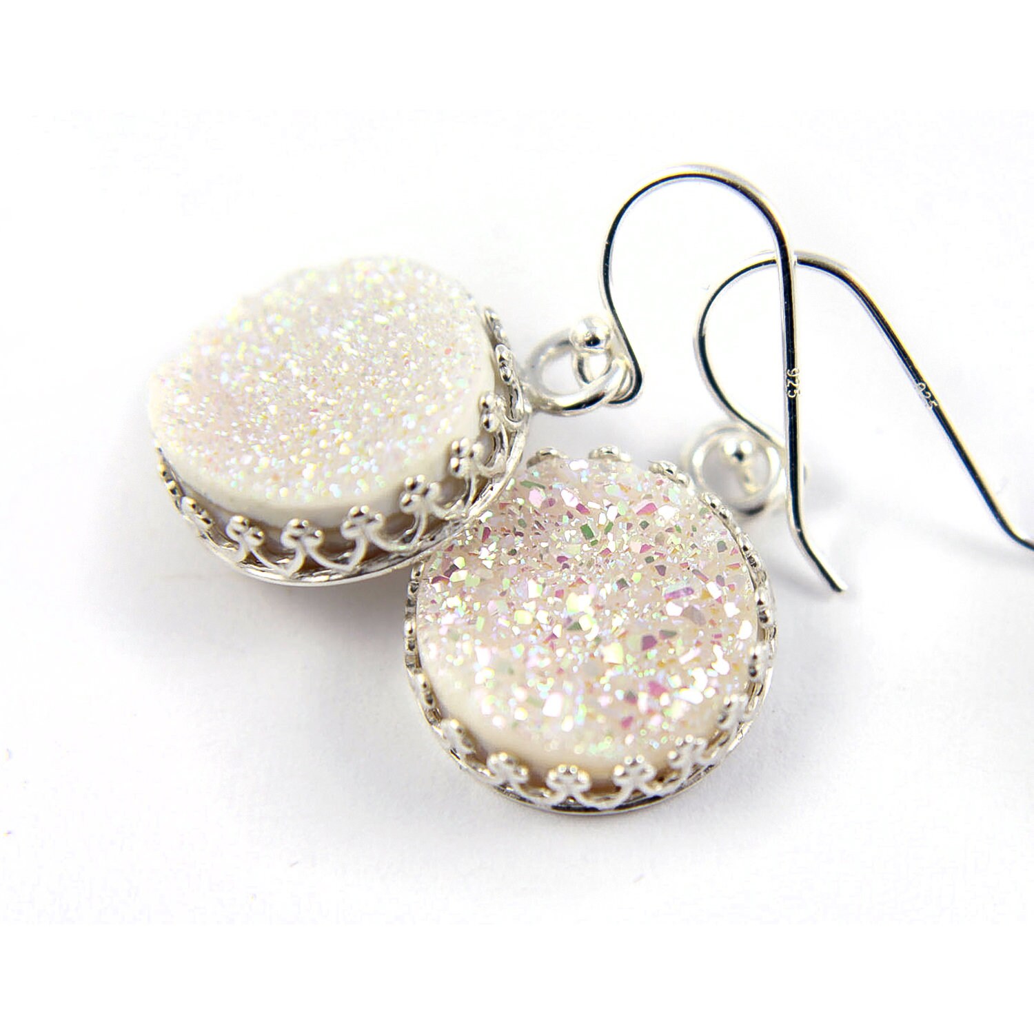 Runde Druzy Ohrringe Sterling Silber - Muttertag Geschenk Lünette Set Weiße Quarz Steine Natürliche Drussy April Geburtsstein von LiansElegance