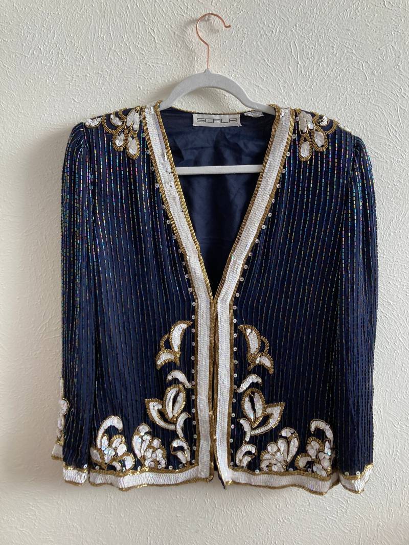 Kleine Scala Paillettenjacke Gr. S in Blau Weiß Und Gold - Stark Beaded von LiasSequinCollection