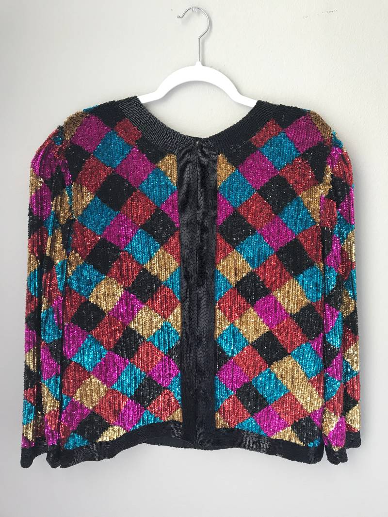 Schlichte Diamant Pailletten Bolero Jacke - Größe Large | Funkelndes Statement Piece von LiasSequinCollection