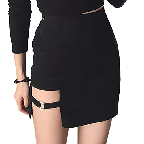 Damen Asymmetrischer Rock, Schwarz, hohe Taille, Gothic, Punk, Tanz, Minirock, figurbetont, Clubwear, Schwarz-dünn, Groß von Libairo