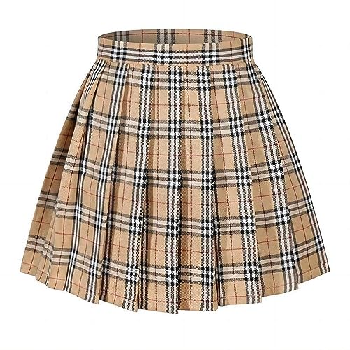 Damen Mädchen Plaid Faltenrock Hohe Taille Japanische Schuluniform A-Linie Plissee JK Rock Skater Tennis, Khaki, Mittel von Libairo