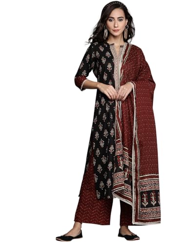 Libas Damen Bedruckte Baumwolle Gerade Kurta & Palazzo mit Dupatta, Schwarz, S Libas Damen Bedruckte Baumwolle Gerade Kurta & Palazzo mit Dupatta, Schwarz, S von Libas