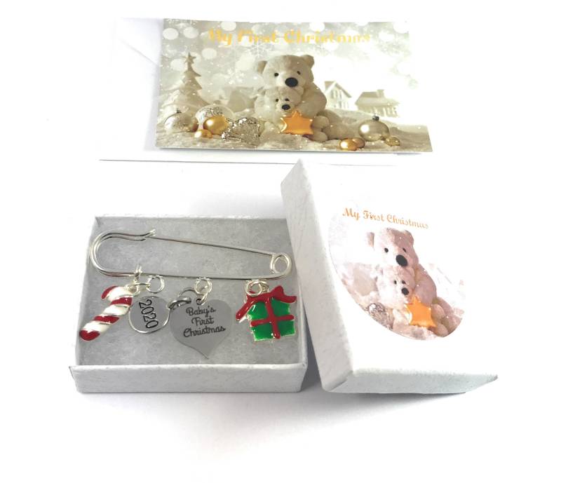 Babys Erste Weihnachten 2020 Windel Sicherheit Pin Andenken Charms - Candy Cane Und Geschenk-Box Mit 3 Verschiedenen Geschenkoptionen Eine von LibbysMarketPlace