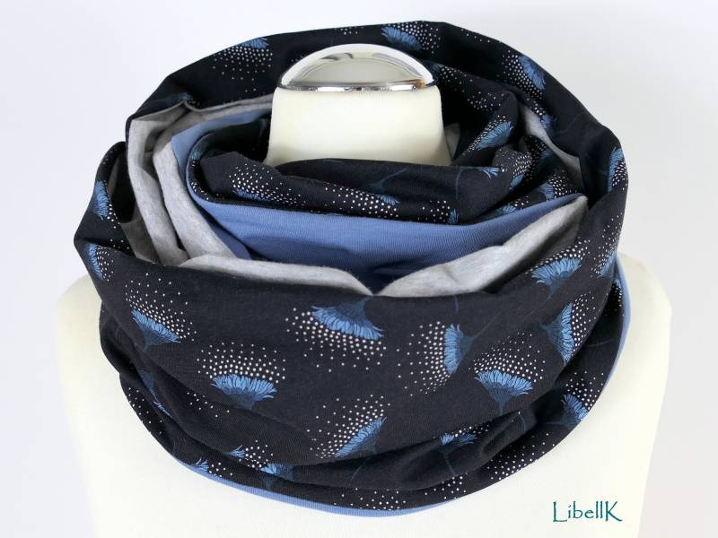 Loop Schal Blumen Dunkelblau Hellgrau Rauchblau Wendeloop Damen von LibellK