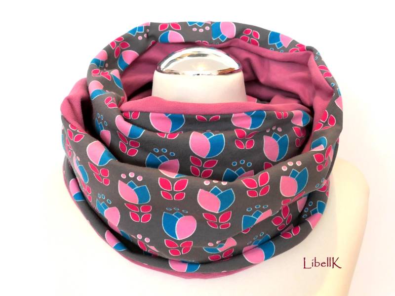 Loopschal Schlauchschal Blumen Grau Aus Kuscheligem Sweatstoff Warm von LibellK