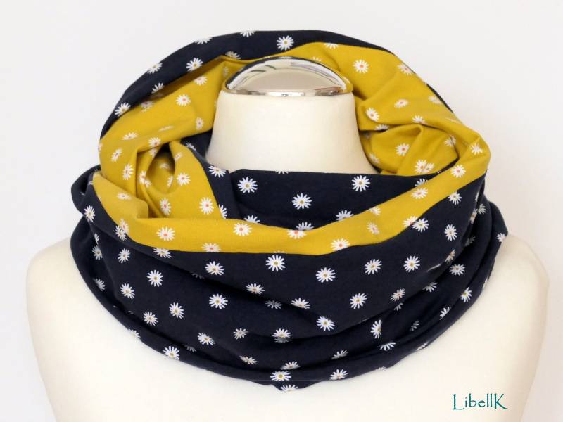 Loopschal Weiße Blümchen Senfgelb Dunkelblau Wendeloop Damen von LibellK