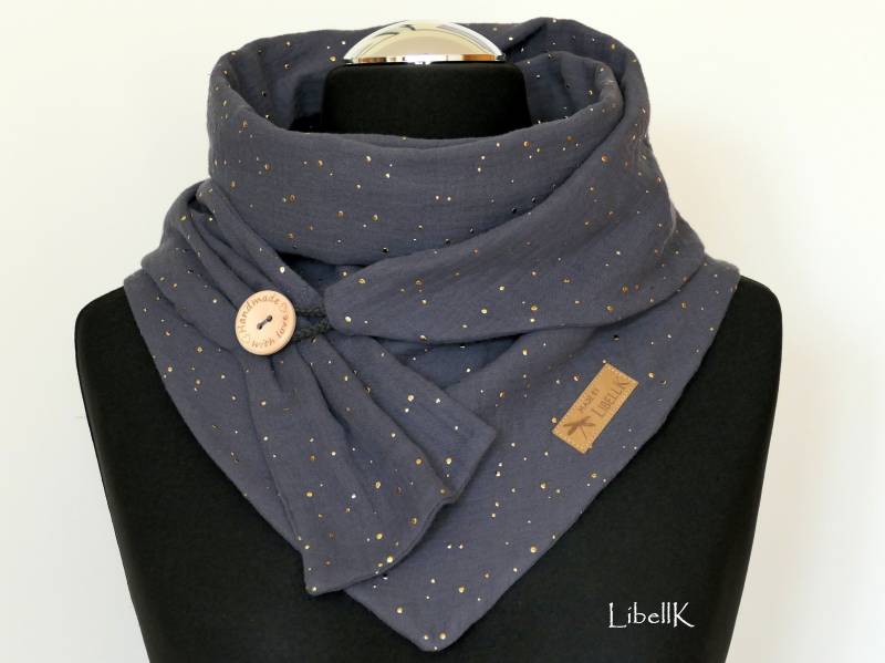 Musselin Dreieckstuch Dunkelgrau Goldene Punkte Knopfschal Halstuch Geschenk Damen von LibellK
