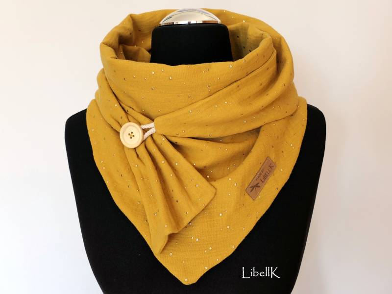 Musselin Dreieckstuch Senfgelb Goldene Punkte Knopfschal Halstuch Damen von LibellK