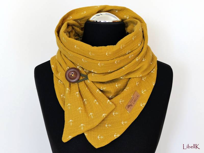 Musselin Tuch Wickelschal Dreieckstuch Anker Senfgelb Mit Knopf Halstuch Damen von LibellK