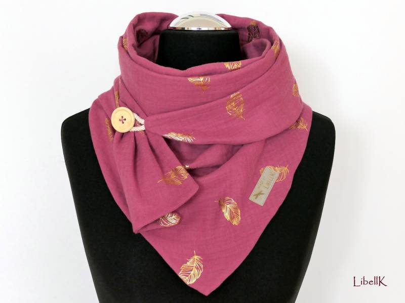 Musselin Wickelschal Beere Federn Goldfarben Mit Knopf Halstuch Damen von LibellK