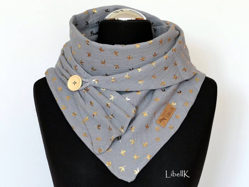 Musselin Wickelschal Blätter Grau Goldfarben Mit Knopf Halstuch Damen von LibellK