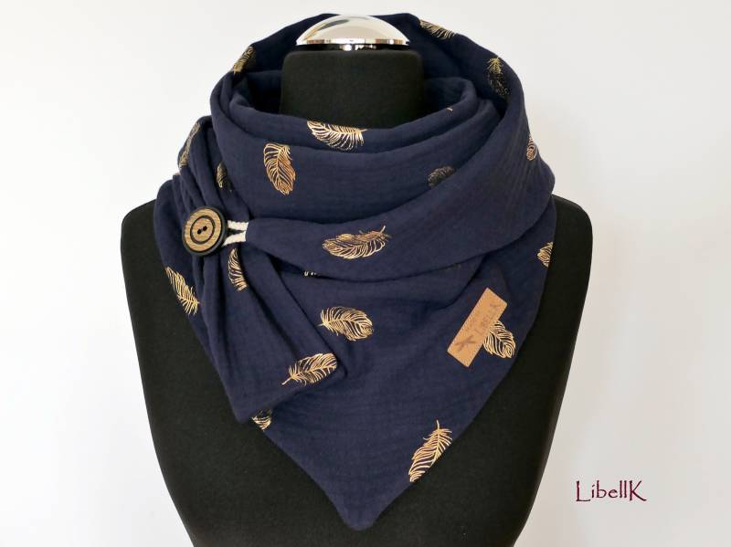 Musselin Wickelschal Dunkelblau Federn Goldfarben Mit Knopf Halstuch Damen von LibellK