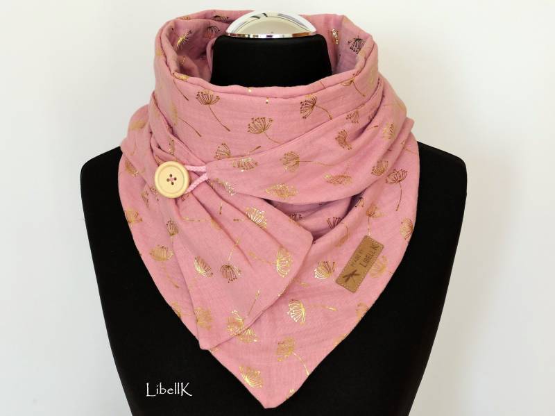 Tuch Musselin Altrosa Pusteblumen Goldfarben Wickelschal Mit Knopf Halstuch Damen von LibellK