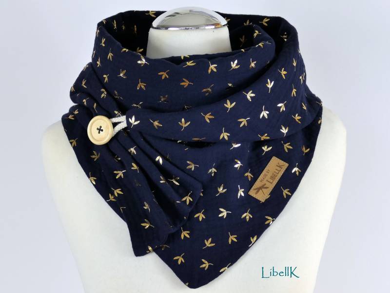 Tuch Musselin Blätter Dunkelblau Goldfarben Mit Knopf Vernähte Falten Halstuch Damen von LibellK