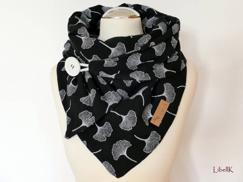 Tuch Musselin Gingko-Blätter Schwarz Mit Knopf, Wickelschal Dreieckstuch Damen Geschenk von LibellK