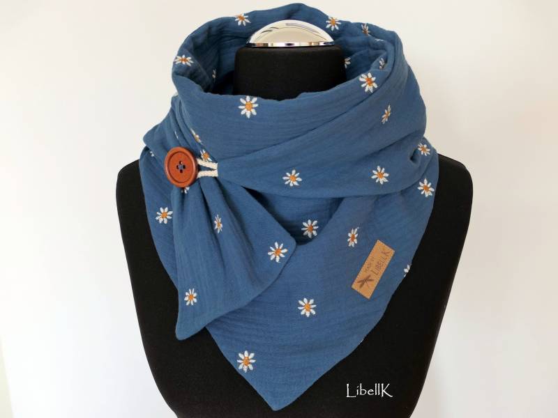 Tuch Musselin Wickelschal Gänseblümchen Jeansblau Mit Knopf Halstuch Dreieckstuch Damen von LibellK