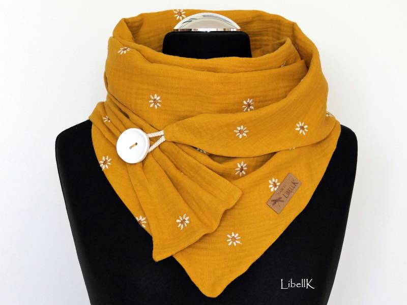 Tuch Musselin Wickelschal Gänseblümchen Senfgelb Mit Knopf Halstuch Dreieckstuch Damen von LibellK