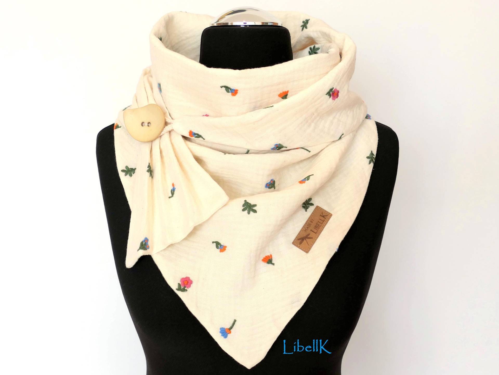 Tuch Musselin Wickelschal Streublümchen Vanille Mit Knopf Halstuch Dreieckstuch Damen von LibellK