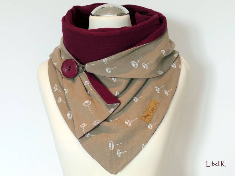 Tuch Wickelschal Gänseblümchen Taupe Bordeaux Musselin Dreieckstuch Mit Knopf von LibellK