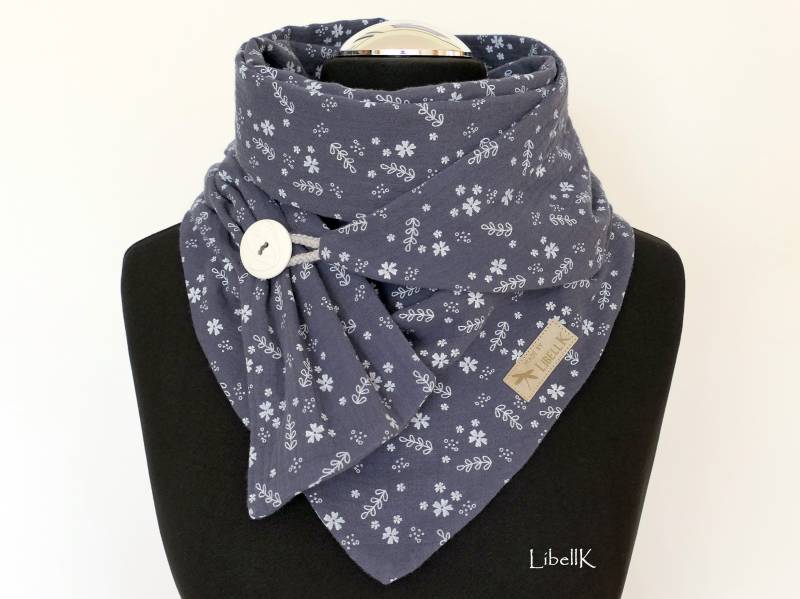 Tuch Wickelschal Musselin Dunkelgrau Blumen Mit Knopf Halstuch Damen von LibellK