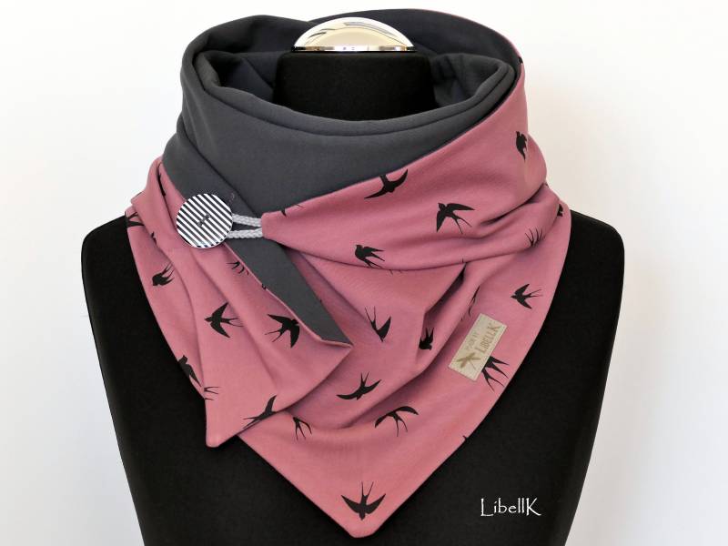 Tuch Wickelschal Schwalben Beere Grau Mit Knopf Jersey Geschenk Damen von LibellK
