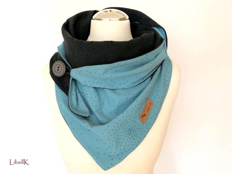 Tuch Wickelschal Türkis Anthrazit Mit Knopf Dreieckstuch Jersey Geschenk Damen von LibellK