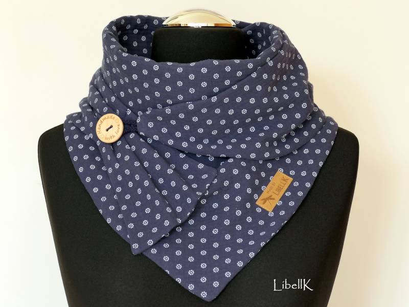 Wickelschal Dreieckstuch Musselin Marineblau Mit Knopf Blumen Halstuch Damen von LibellK