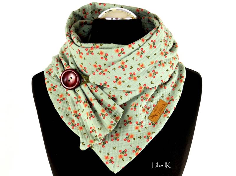 Wickelschal Dreieckstuch Musselin Mintgrün Geblümt Mit Knopf Halstuch Damen von LibellK