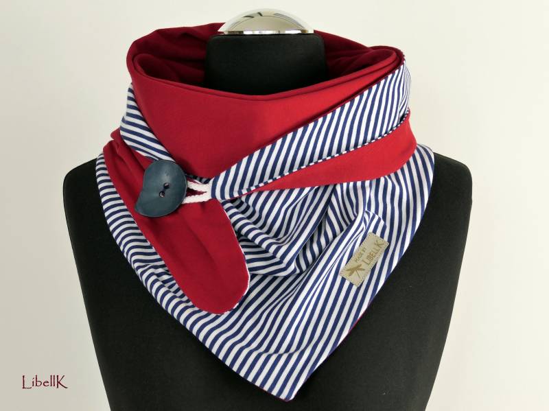 Wickelschal Maritim Blau Weiß Gestreift Dunkelrot Tuch Mit Knopf Jersey Geschenk Damen von LibellK