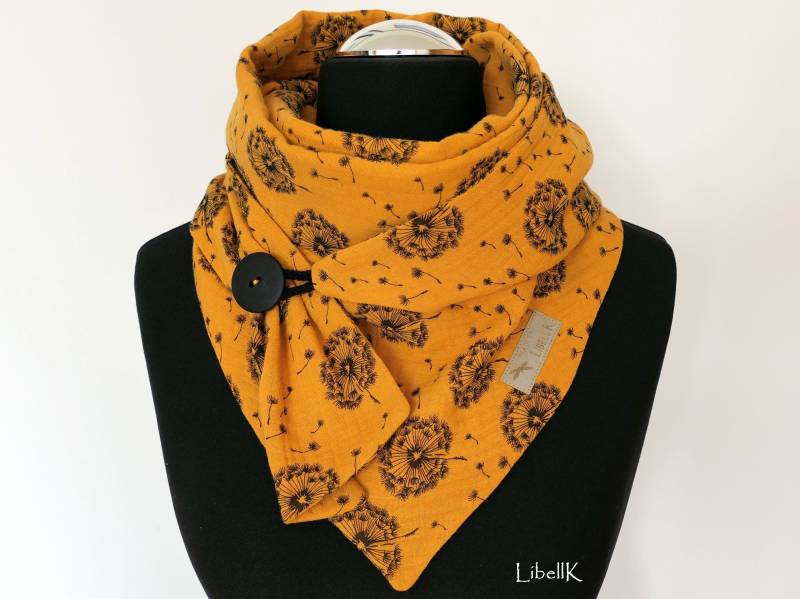 Wickelschal Musselin Senfgelb Dreieckstuch Mit Knopf Pusteblumen Halstuch Damen von LibellK