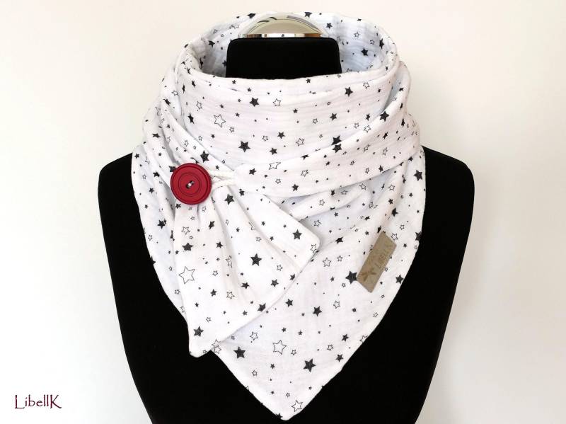 Wickelschal Musselin Weiß Mit Sternchen Dreieckstuch Knopf Halstuch Damen Geschenk von LibellK