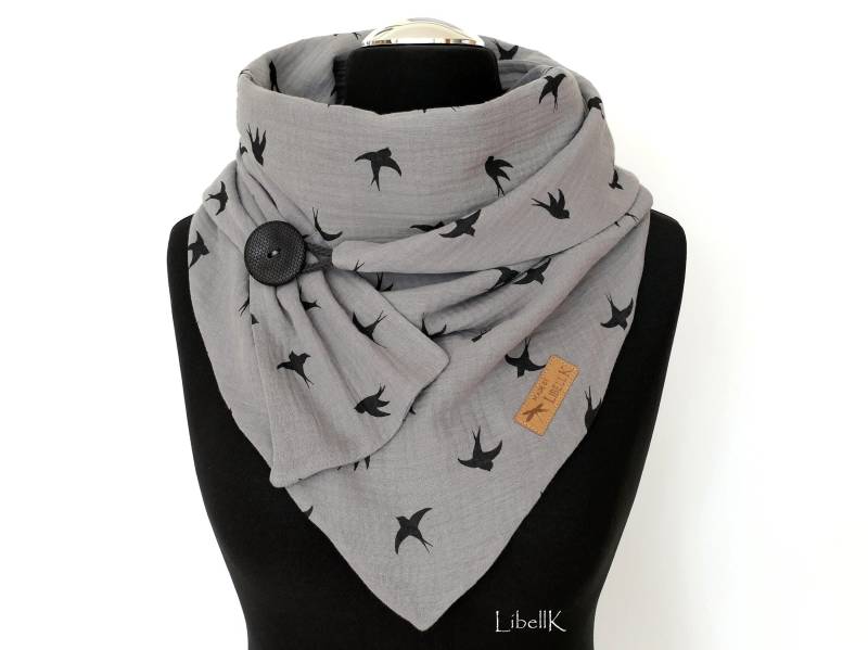 Wickelschal Schwalben Grau Musselin Dreieckstuch Mit Knopf Halstuch Damen von LibellK