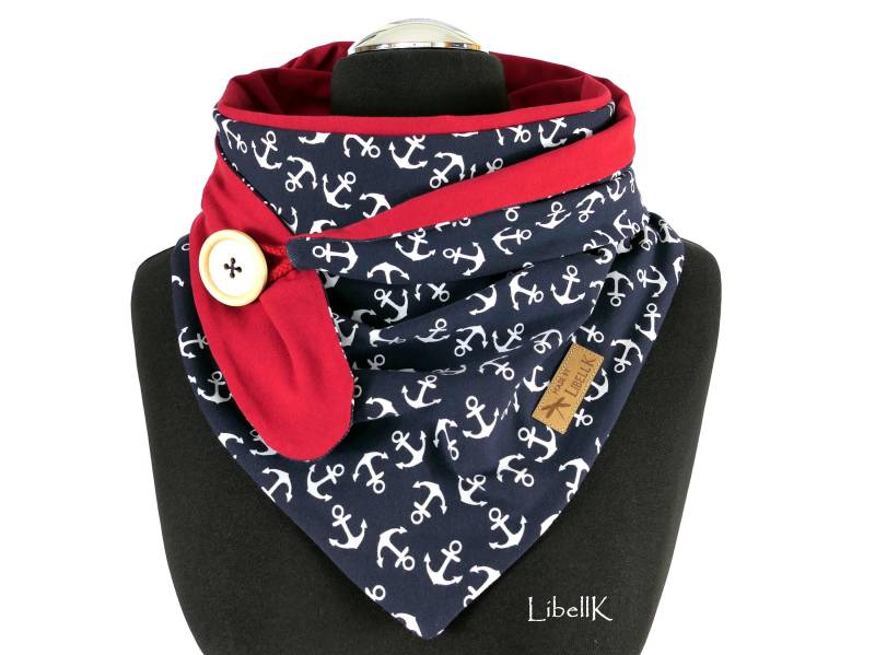 Wickelschal Tuch Anker Dunkelblau Mit Knopf Jersey Dunkelrot Dreieckstuch Maritim Geschenk Damen von LibellK
