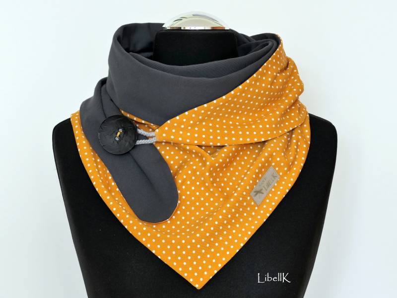 Wickelschal Tuch Gelb Grau Punkte Mit Knopf Jersey Dreieckstuch Geschenk Damen von LibellK