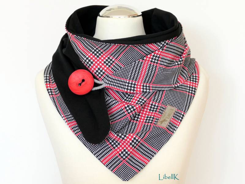 Wickelschal Tuch Kariert Rot Schwarz Hahnentritt Dreieckstuch Mit Knopf Geschenk Damen von LibellK