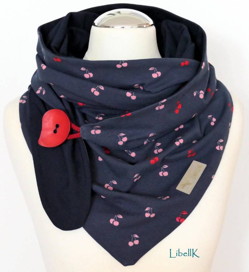 Wickelschal Tuch Kirschen Mit Knopf Dreieckstuch Dunkelblau Jersey Geschenk Damen von LibellK
