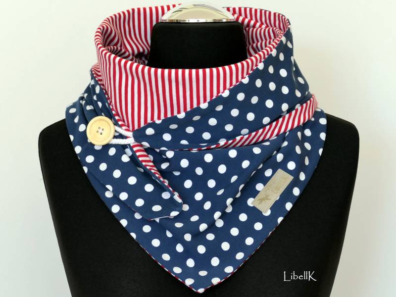 Wickelschal Tuch Mit Knopf Blau Weiße Punkte Rot Gestreifter Jersey Dreieckstuch Geschenk Damen von LibellK