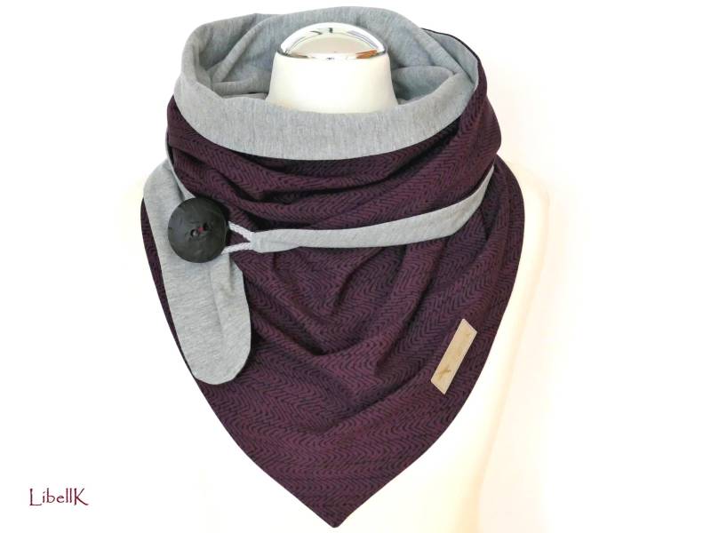 Wickelschal Tuch Mit Knopf Dunkel-Lila Hellgrau Jersey Dreieckstuch Geschenk Damen von LibellK