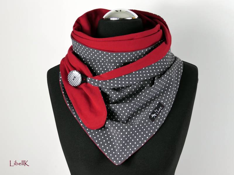Wickelschal Tuch Punkte Mit Knopf Dreieckstuch Grau Dunkelrot Jersey Geschenk Damen von LibellK