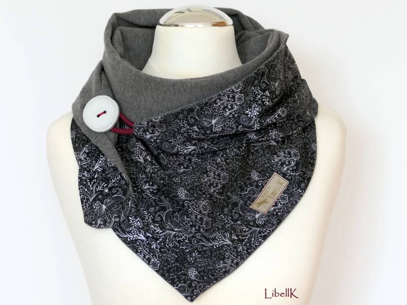 Wickelschal Tuch Schwarz Grau Mit Knopf Jersey Dreieckstuch Geschenk Damen von LibellK