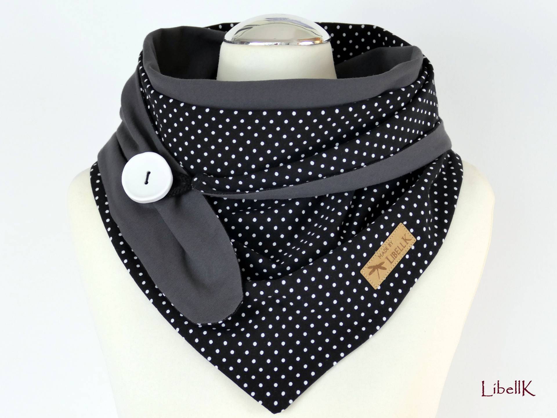 Wickelschal Tuch Schwarz Grau Weiße Punkte Mit Knopf Jersey Dreieckstuch Geschenk Damen von LibellK