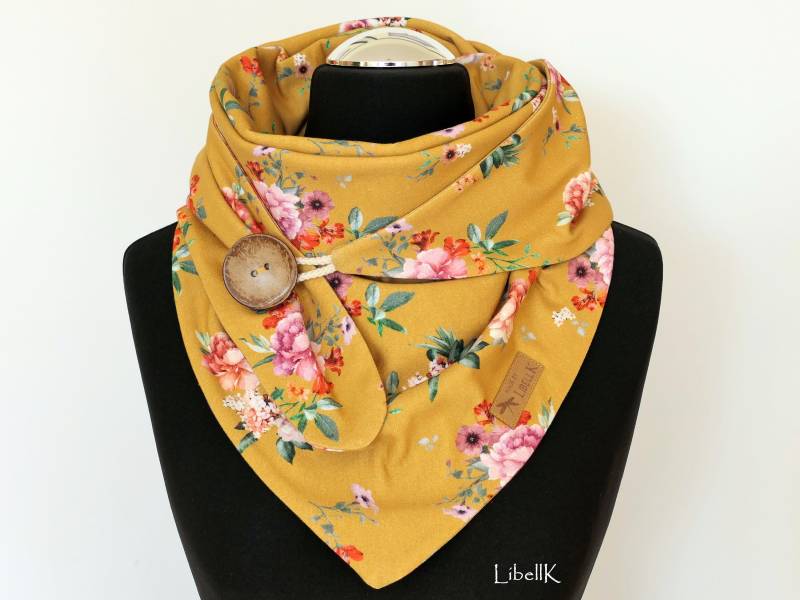 Wickelschal Tuch Senfgelb Blumen Mit Knopf Dreieckstuch Jersey Geschenk Damen von LibellK
