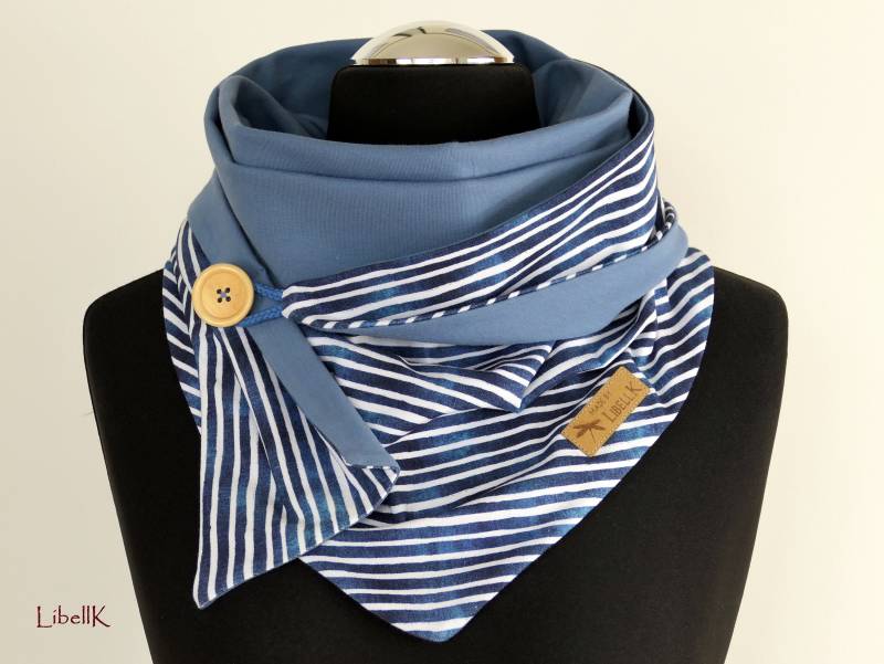 Wickelschal Tuch Streifen Weiß Blau Maritim Mit Knopf Jersey Geschenk Damen von LibellK