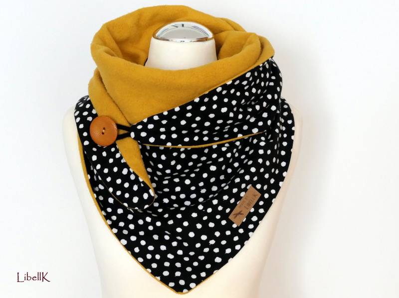Wickelschal Weiße Punkte Auf Schwarz Aus Fleece U.jersey Mit Knopf Senfgelb Dreieckstuch Geschenk Damen von LibellK