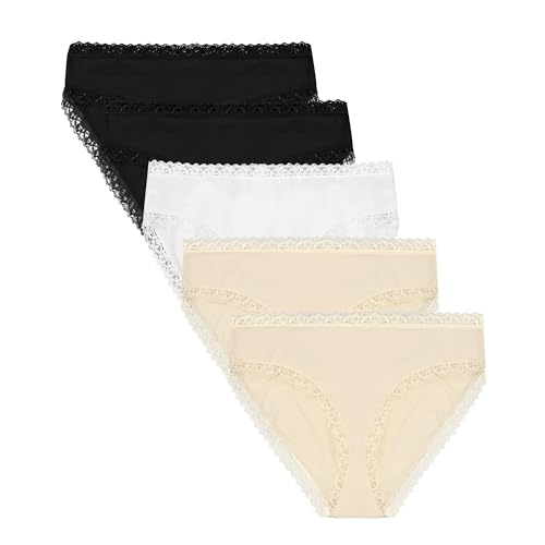 Libella 5er Pack Unterhosen Damen Spitze Slips Damen Baumwolle Slip Damen Sexy Weiche und Bequem Hautfarbe Schwarz Weiß L 3302 BWH von Libella