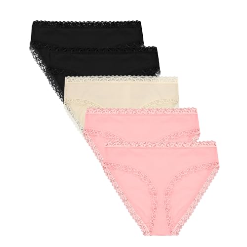 Libella 5er Pack Unterhosen Damen Spitze Slips Damen Baumwolle Slip Damen Sexy Weiche und Bequem Schwarz Hell-Pink Hautfarbe L 3302 BHP von Libella