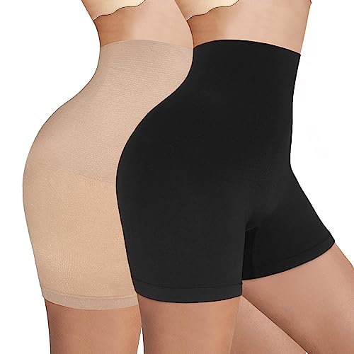 Libella Shapewear Damen Bauchweg Unterhose, Nahtlose Miederhose Damen Body Shaper, Hohe Taille Bauchweg Hose Damen Unter Kleid Rock Anti Scheuern 2er Pack Schwarz+Hautfarben M/L von Libella