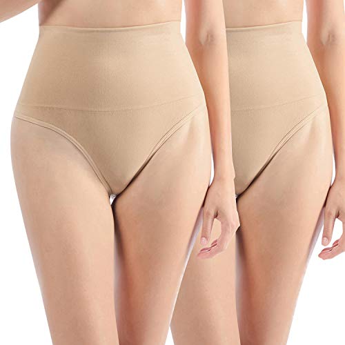 Libella 2er Pack Damen Hohe Taille Miederslip Shapewear Bauch Kontrolle String Tanga Figurformende Miederhose Unterwäsche 3612 Beige S/M von Libella